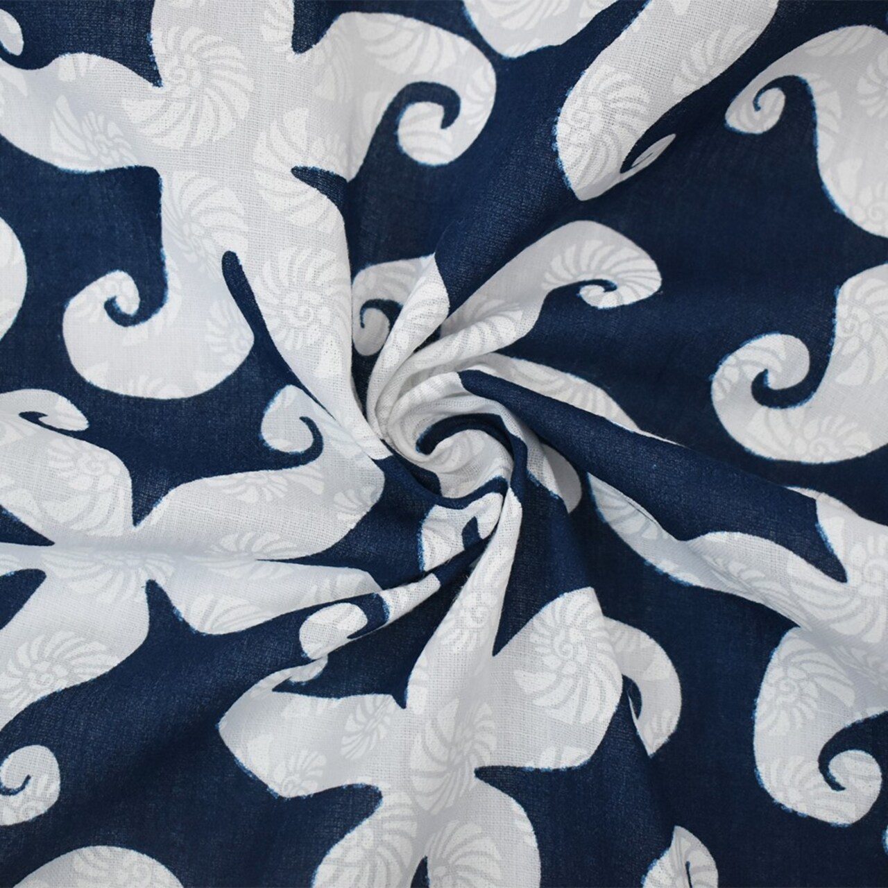 Deep Blue-White Cotton Star Fish-Shell Printed Gauze Woven Fabric By the Yard